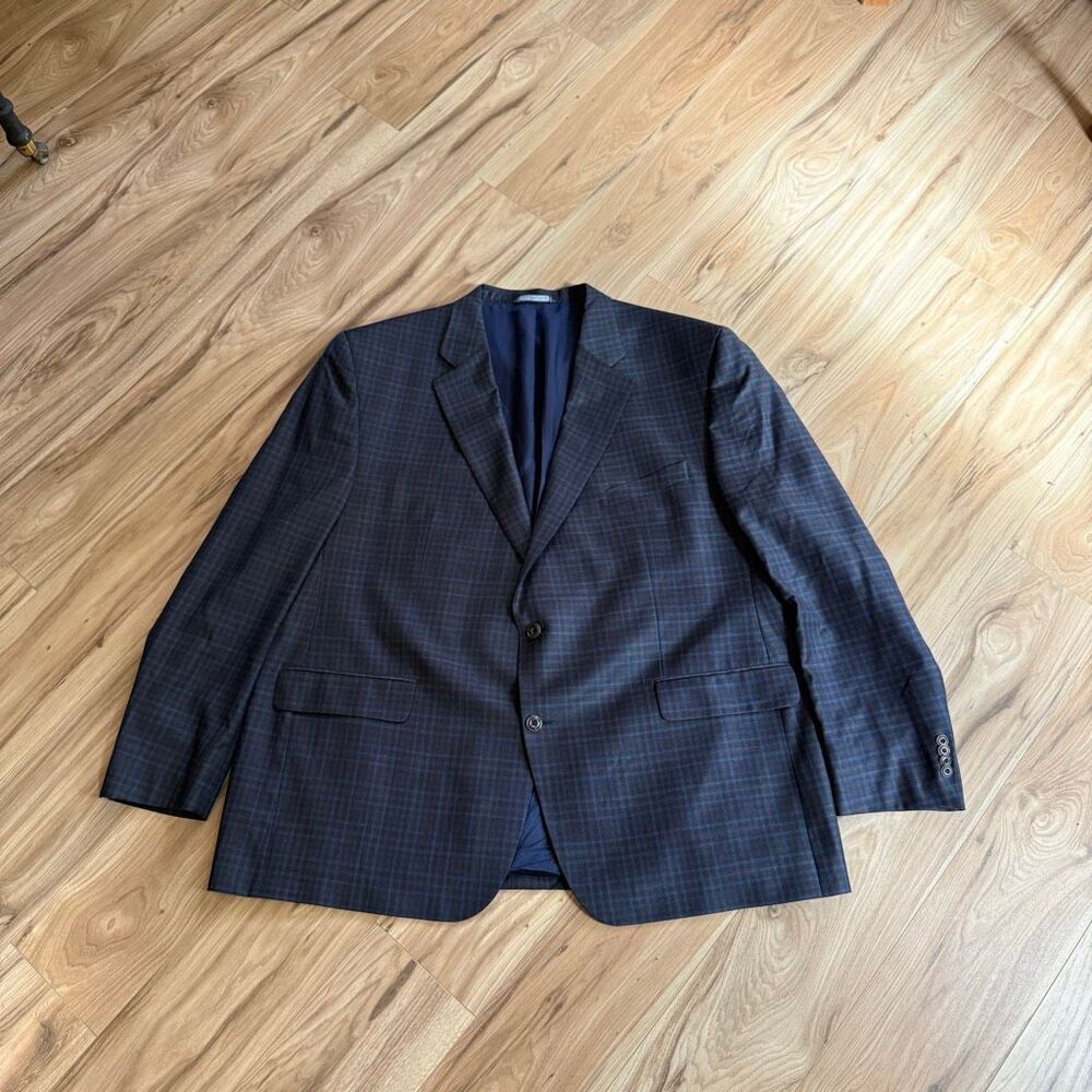 Jack Victor Mens Navy Plaid Wool Two-Button Luxor Blazer Suit Jacket Size 52R